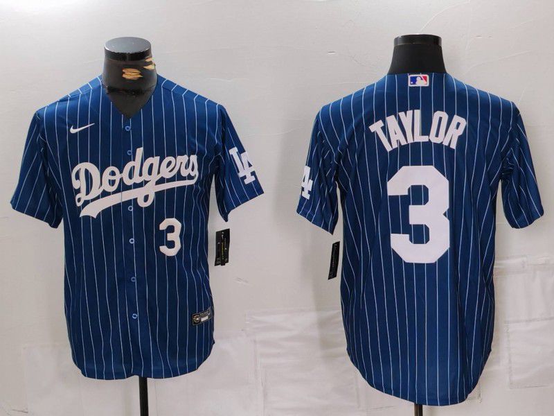 Men Los Angeles Dodgers 3 Taylor Blue Stripe Game 2024 Nike MLB Jersey style 4